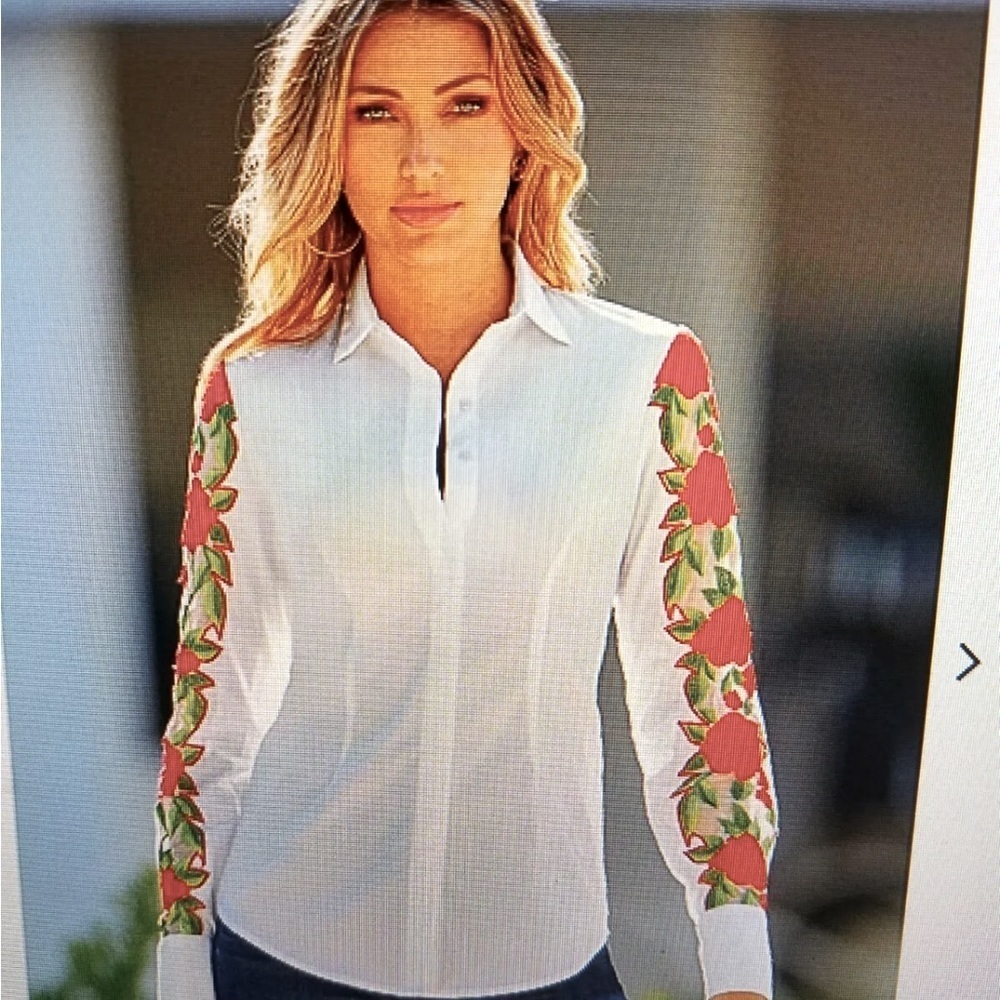 Boston Proper M Rose Mesh Sleeve White Button Down Blouse